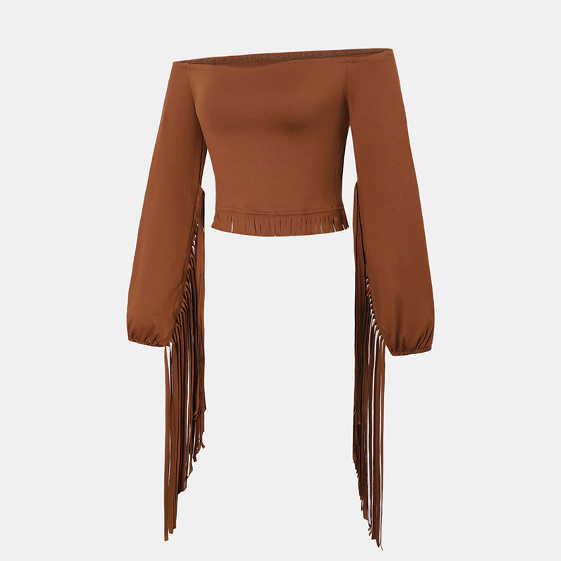 Women's Solid Color Western Cowgirl Style Off-Shoulder Fringe Top - Sexy Slim Fitted Long Sleeve Tassel Blouse